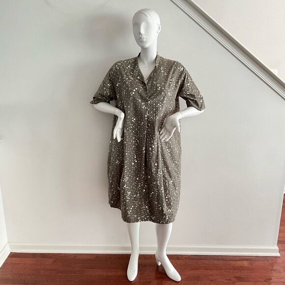 Oska Lagenlook Green Polka Dot Dress Split Collar Minimalist Pockets - Picture 2 of 13